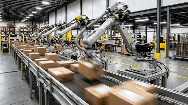 Industrial robotic arms picking and placing cardboard boxes on a moving conveyor belt in a large-scale automated fulfillment center and logistics warehouse facility.