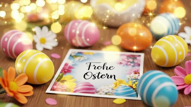 Frohe Ostern greeting text on a card with colorful decorated Easter eggs and spring flowers. Holiday celebration and festive springtime concept.