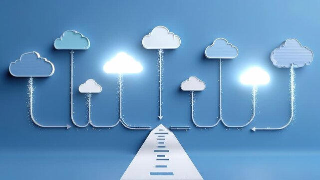 Branching migration conduits connecting enterprise infrastructure to multiple cloud platforms illustrating strategic cloud migration roadmap.