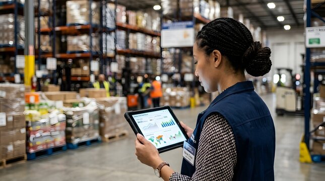 Professional female logistics manager holding a digital tablet with data analytics and charts while standing in a large warehouse with industrial shelving and pallet storage.