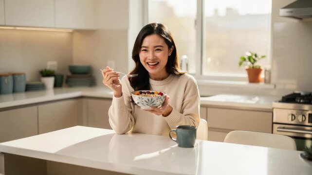 Happy young woman enjoying healthy breakfast bowl in modern bright kitchen at home