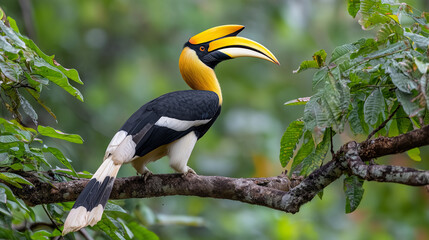 Obraz premium Great hornbill perched on a tree branch in tropical forest, vibrant yellow casque and striking black white plumage in natural wildlife setting