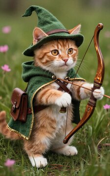 Adorable orange cat dressed as a green-hatted archer in a grassy