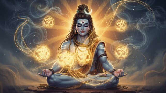 Spiritual meditation of Lord Shiva with glowing Om symbols and mystical energy in peaceful setting