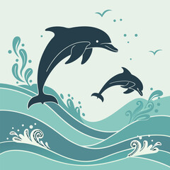 Obraz premium Dynamic silhouette of two dolphins breaching through ocean waves, evoking a sense of exhilaration and natural beauty.
