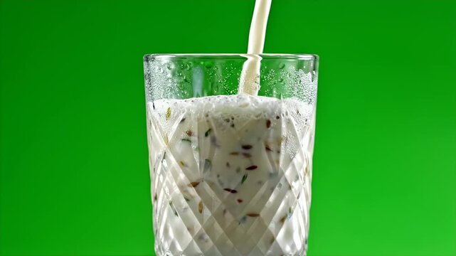 Cinematic close-up pouring creamy buttermilk with green herbs and spices into a crystal glass against a vibrant green screen background