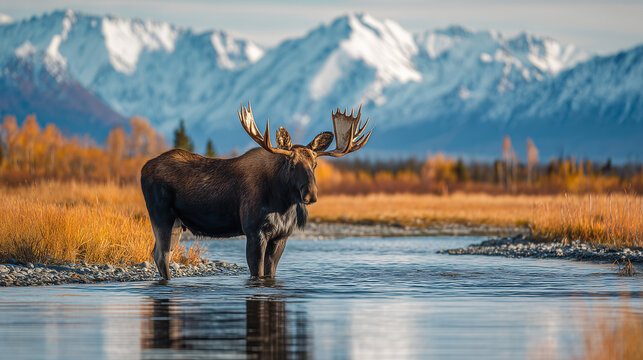 A large bull moose stands in a shallow river surrounded by wilderness, showcasing majestic antlers and calm natural habitat in a scenic northern landscape.