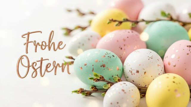 Pastel colored Easter eggs festive decoration with Frohe Ostern German greeting text. Holiday celebration and springtime concept for card.