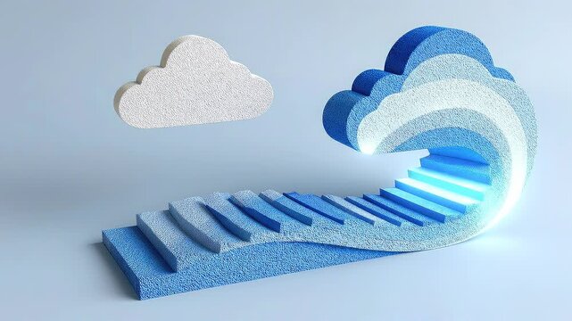 Color coded staircase transitioning into cloud structure representing enterprise cloud migration project roadmap stages.