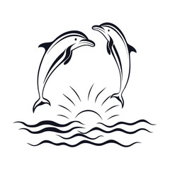 Obraz premium Silhouette illustration featuring two dolphins leaping energetically over the crests of blue ocean waves.