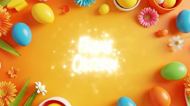 Frohe Ostern German greeting with colorful eggs, flowers, and leaves on an orange background. Spring holiday concept.