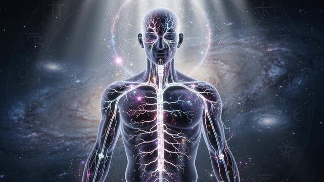 Spiritual human energy body with cosmic nerve system and glowing light in space universe