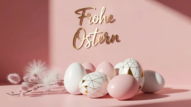 Frohe Ostern German text on pink background with fluffy branches, decorated eggs. Holiday greeting card, spring banner.