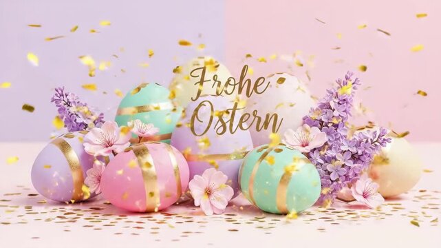 Frohe Ostern German phrase golden text on pastel Easter eggs with spring flowers and golden confetti. Happy holiday concept for greeting card.