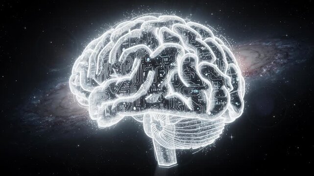 Glowing digital brain with circuit board pattern floating in outer space galaxy background