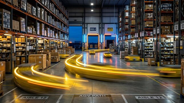 Automated logistics warehouse interior featuring light trails from moving autonomous guided vehicles between high storage pallet racks, loading docks, and designated floor paths.