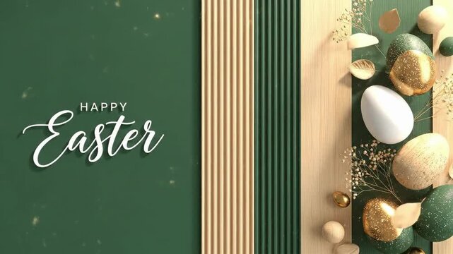 Happy Easter lettering on green background with decorative wooden and gold eggs. Spring holiday celebration concept for greeting card.