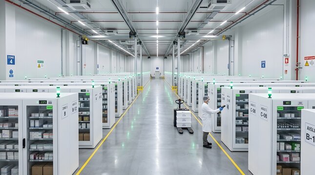 Technician in lab coat and protective gear scans items in a large climate-controlled pharmaceutical warehouse with automated storage cabinets and digital temperature monitors.