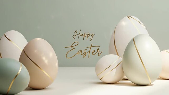 Happy Easter text with pastel eggs on a light green background. Minimalist holiday concept for greeting card and banner design.