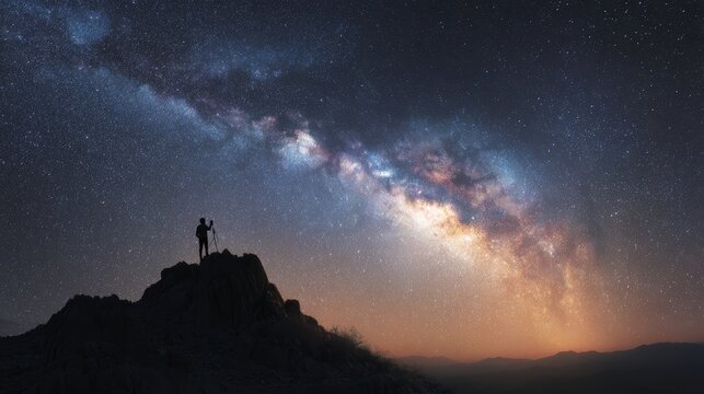 astronomer awe, an astronomer standing against a stunning night sky, gazing in awe, emphasizes the vastness of the cosmos and human contemplation