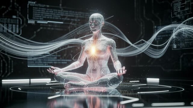 Futuristic digital human meditating with glowing circuits and energy flows in high tech environment