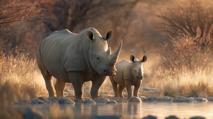 Obraz premium Mother rhinoceros stands protectively beside her calf in the wild, showing strong maternal bond and defense in natural savanna habitat.
