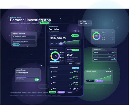 A modern fintech mobile app UI design showing a portfolio dashboard