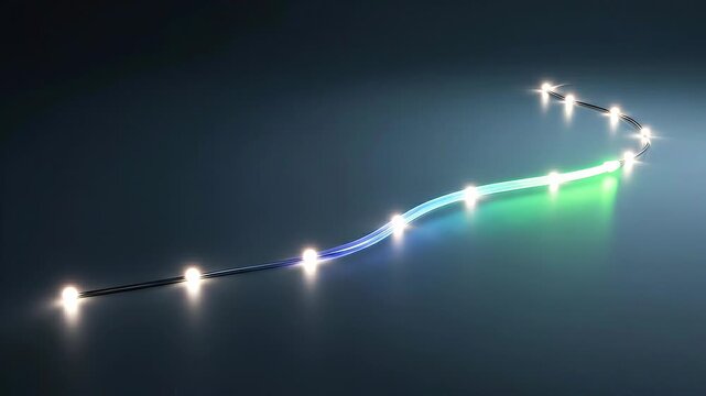 Floating milestone pathway transitioning from violet to emerald forming upward arrow symbolizing strategic business growth roadmap.