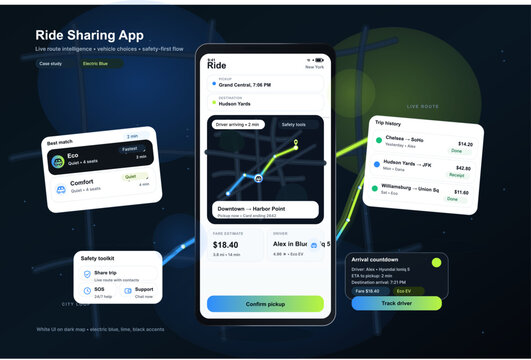 A modern mobile ride-sharing application interface design featuring a