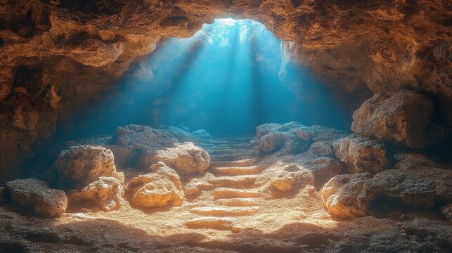 Mysterious Cave Entrance With Sunbeams Shining Through Opening Onto Rocky Steps