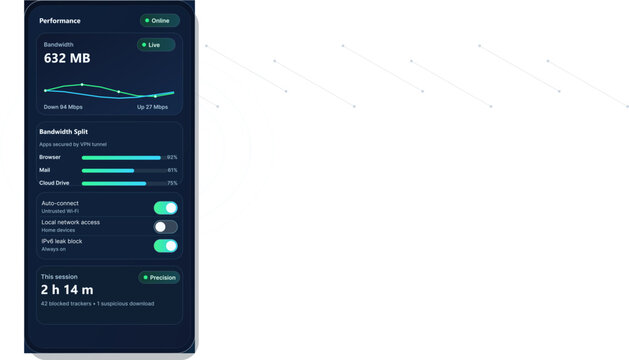 A mobile app interface displaying performance metrics and security