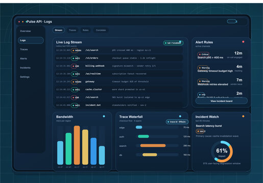 A dark mode user interface dashboard for system monitoring showing