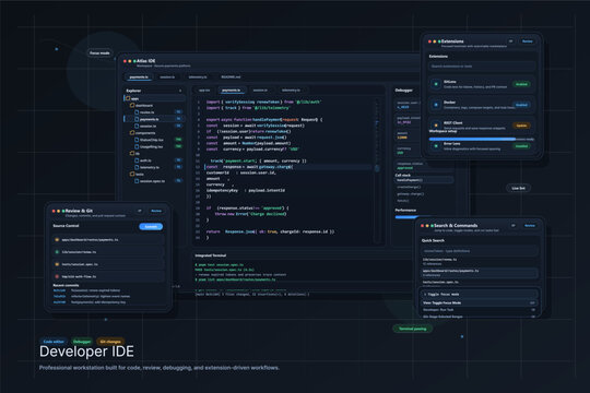 Professional software development workstation interface showing a