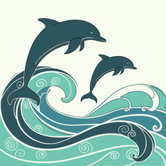 Obraz premium Two dolphins jumping over sunset ocean waves in a minimalist silhouette, vector graphic