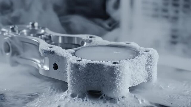 A precision machining process on a metallic component, enveloped in a mist