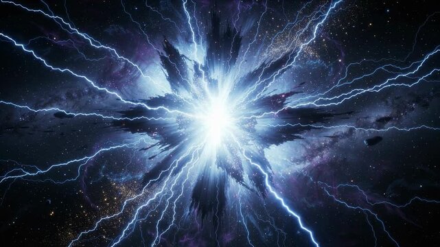 Bright cosmic explosion with electric lightning bolts in deep space nebula background