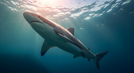 Obraz premium A shark swimming underwater with sunlight filtering through the waves