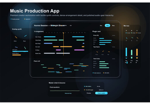 Professional music production software interface displaying a dark