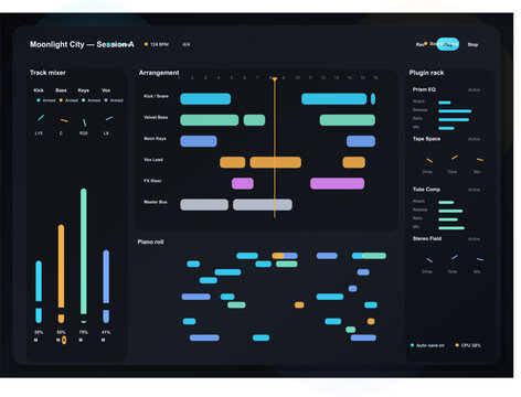 A digital music production software interface featuring a dark mode