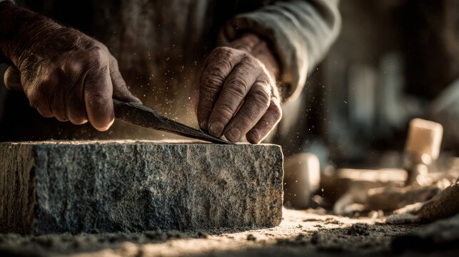 stone carvingcraftsman, close-up shot of a skilled stonemasons hands shaping rough granite with precision tools in a rustic workshop, emphasizing craftsmanship and dedication