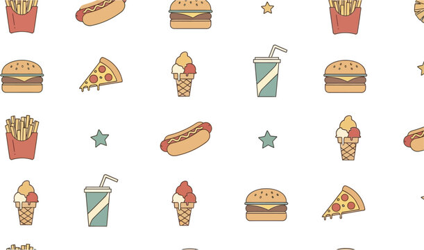 Seamless pattern featuring various fast food items like burgers, pizza, hot dogs, fries, ice cream, and soda with small stars on a white background.