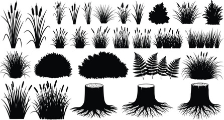 Black silhouette grass bushes shrubs stumps collection botanical design elements © MD. MASUD R ANA