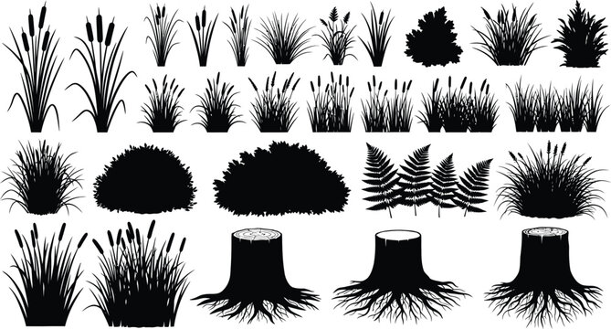 Black silhouette grass bushes shrubs stumps collection botanical design elements
