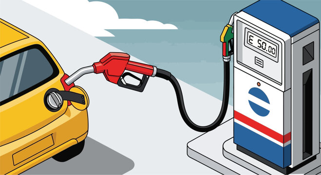 A yellow car is being refueled at a gas station with a red nozzle, showing a display of &pound;50.00 on the pump.