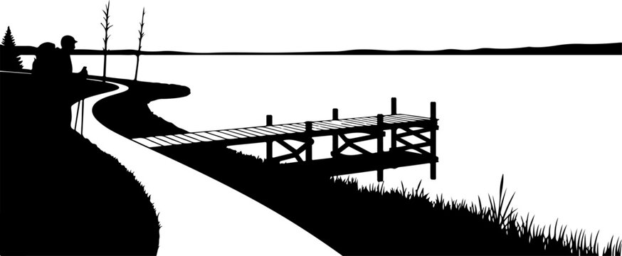 Black silhouette landscape with wooden bridge vector