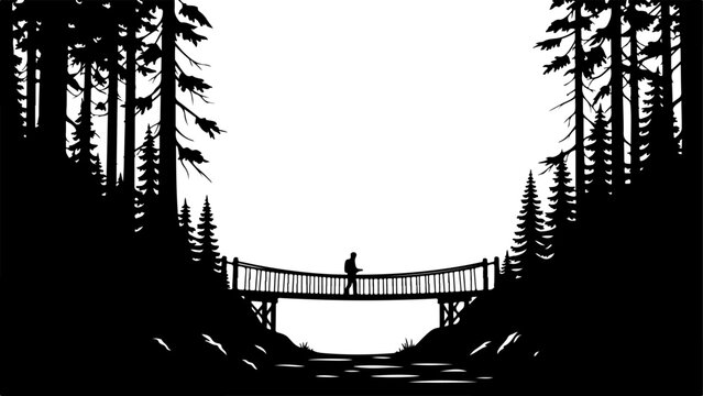 Vector silhouette of person on suspension bridge in forest
