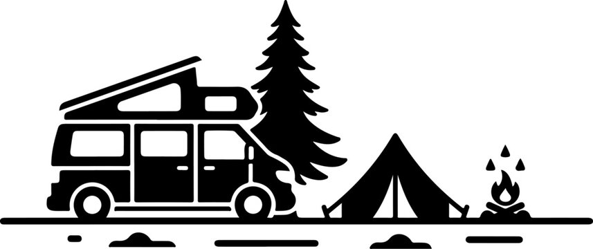 Vector camping scene with camper van and tent