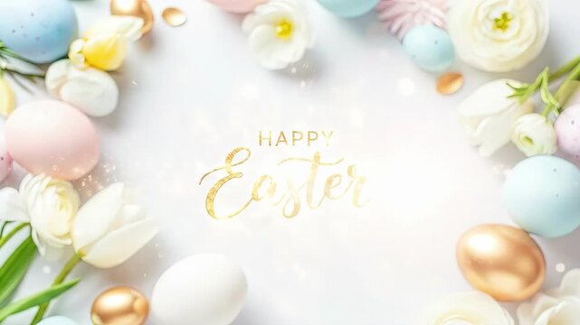 Happy Easter calligraphy with colorful eggs and spring flowers. Festive spring decoration for holiday greeting card design.