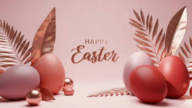 Pink and red Easter eggs on a pastel background with gold leaves and Happy Easter text for holiday celebration