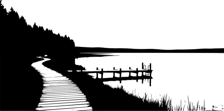 Black and white vector illustration of dock on lake with pathway